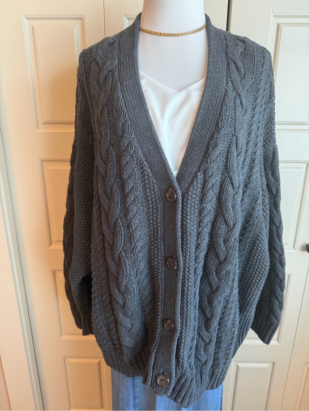 Quince Charcoal Cable-Knit Button Cardigan